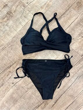 NWT Blooming Jelly Black Bikini Set Large Crisscross Back Adjustable Swimwear